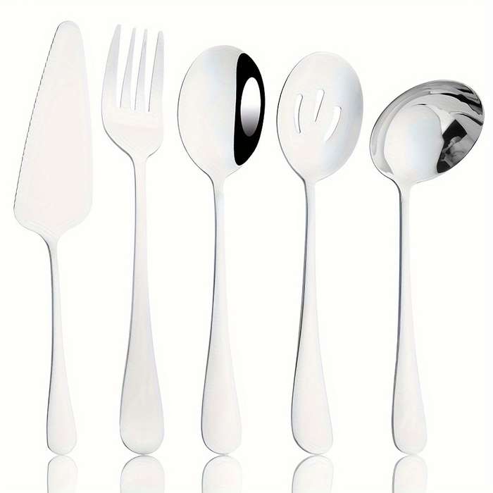 5pcs Colorful Stainless Steel Utensil Set Soup Spoon Ladle Salad Fork Cake Server Kitchen