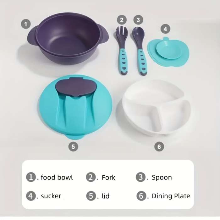 6pcs Baby Feeding Set BPA-Free Plastic Silicone Non-Slip Suction 3-Compartment Plate Ute