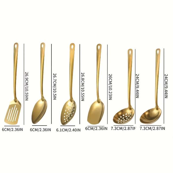 6pcs Gold-Plated Stainless Steel Kitchen Utensil Set Includes Soup Spoon Colander Frying Sh