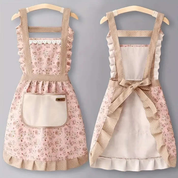 1pc Chic Floral Lace Princess Apron with Hand Wipe Pocket Waterproof Oil-Resistant Perfect for Kitch