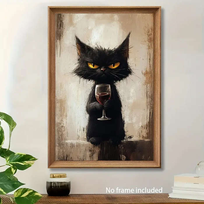 1pc Charming Black Cat with Wine Glass Canvas Print 30.48x45.72cm Unframed Whimsical Animal Art for