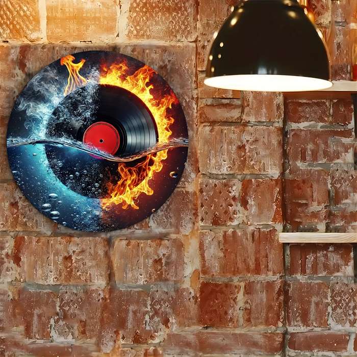 1pc 20cm Fire and Water Vinyl Record Themed Metal Sign Art Set Durable Iron Retro Music Wall Deco