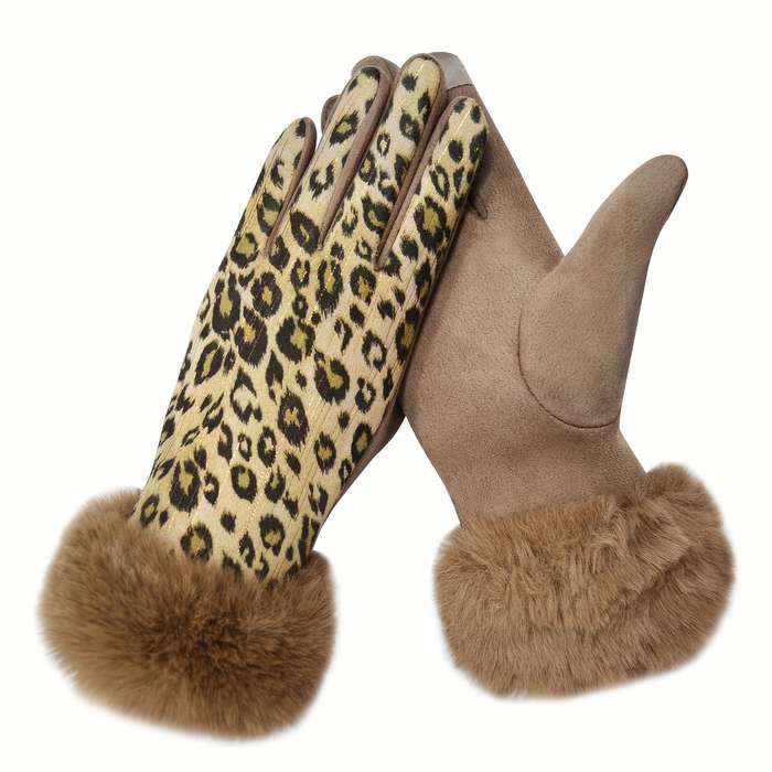 1 Pair Leopard Print Hair Mouth Pink Brown Warm Gloves