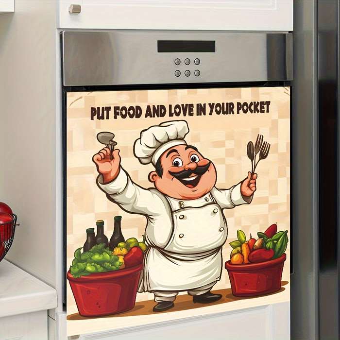 1pc Happy Chef Kitchen Wall Sticker Vibrant Cartoon Design with Fresh Fruits Vegetables Self-A