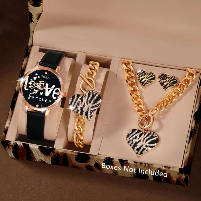 4pcs Set Ladies Watch Necklace Earings Rings Jewelry Set And Rhinestone Decor Quartz Watch Watch