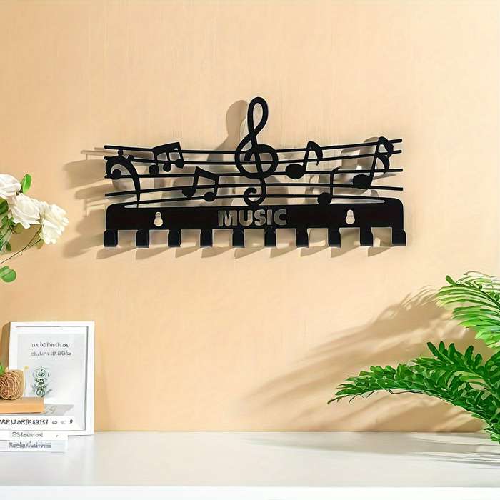 1pc Black Iron Music Note Key Hook Rack Multifunctional Wall-Mounted Storage Organizer Painted Fin