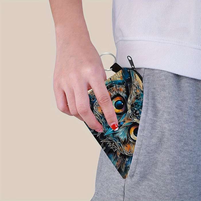 1pc SWEET Owl Print Zipper Pouch Lightweight Multifunctional Small Purse with Keychain Coin