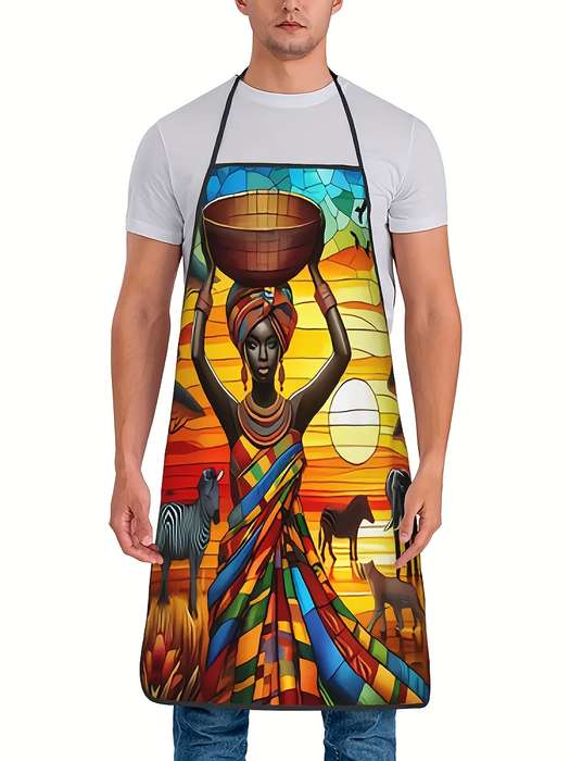 1pc African-Inspired Vintage Print Apron 100% Polyester Woven Fabric with Stretch Artistic Co