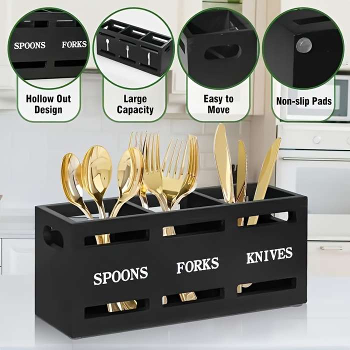 1pc Classic Wooden Kitchen Utensil Rack with Solid Iron Handle 3-Compartment Storage Basket for S
