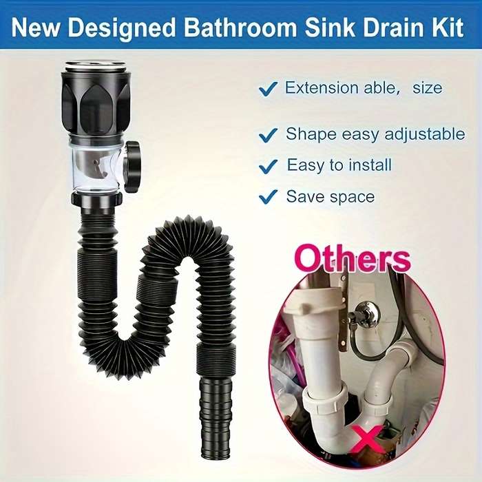 1pc FlexiDrain Stainless Steel ABS Sink Drain Pipe Flexible Space-Saving Design Tool-Free