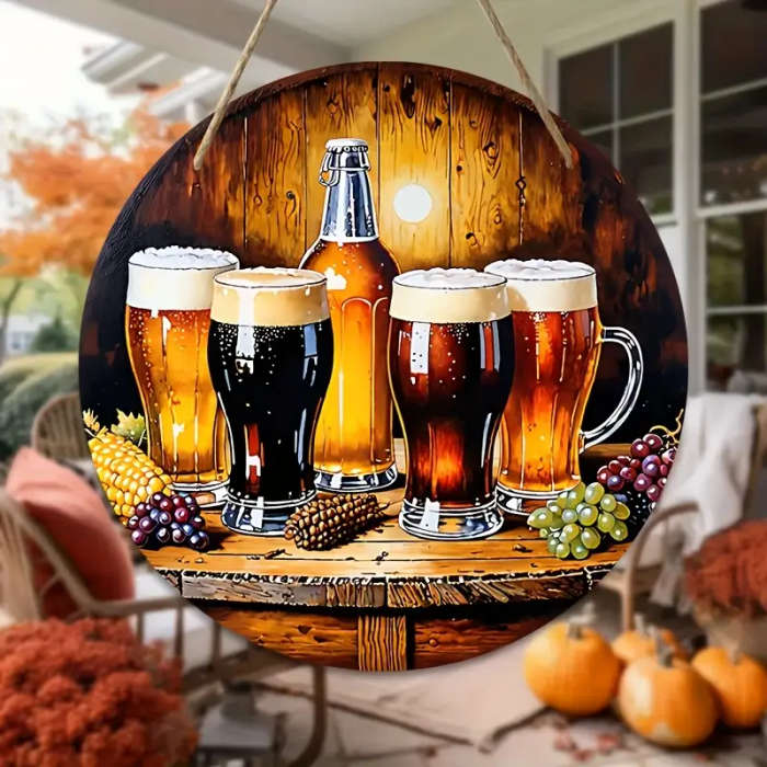 1pc Rustic Beer Mugs Wooden Wall Art 2D Printed Wooden Hanging Decor with Autumn Leaves and Pinecone