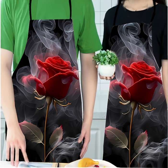1pc Elegant Red Rose Pattern Polyester Apron Colorful Printed Sleeveless Kitchen Bib with Vib