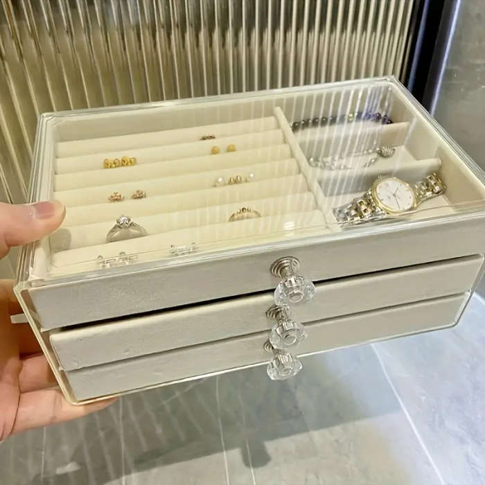 1pc 3-Tier Dust-Proof Acrylic Jewelry Organizer Box Elegant Modern Rectangular Tabletop Display Case