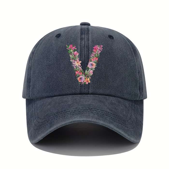 1pc Floral Letter V Print Baseball Cap Vintage Washed Cotton Hat Adjustable Sun Protection Cap wi