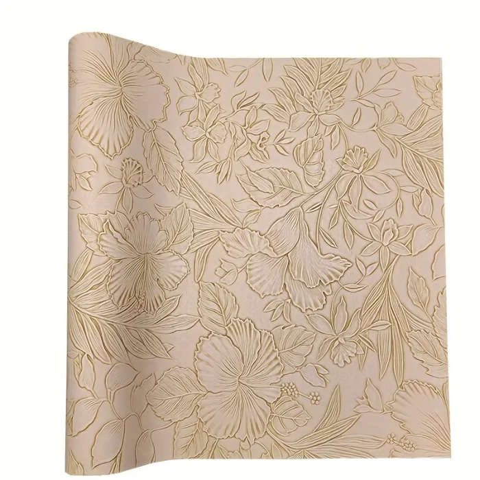 1 11.75 x 53.5 inch Leaf and Flower Embossed Faux Leather Fabric Roll Apricot