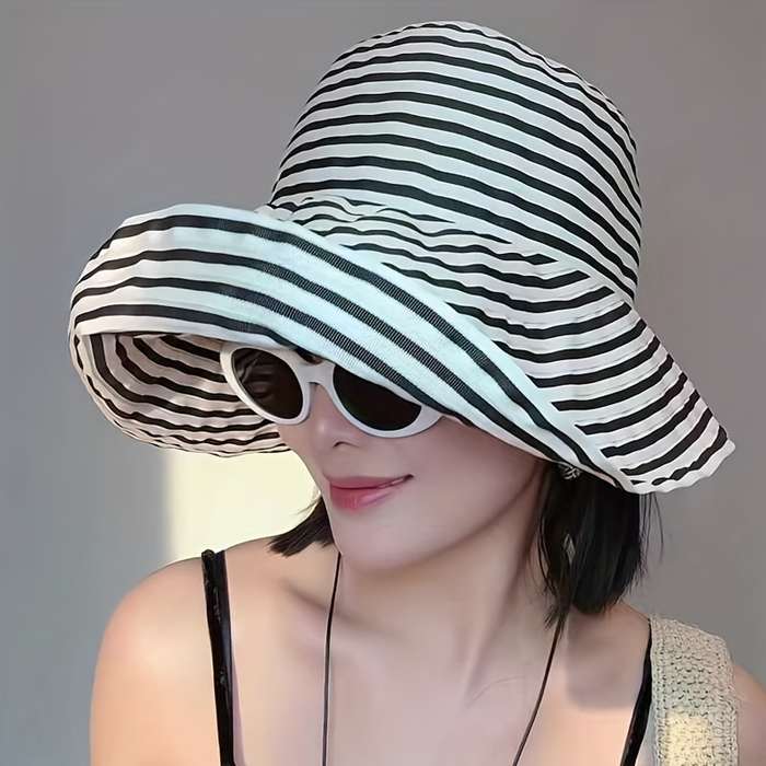 1pc Black White Striped Wide Brim Bucket Hat Lightweight Breathable Sun-Protective Fisherman