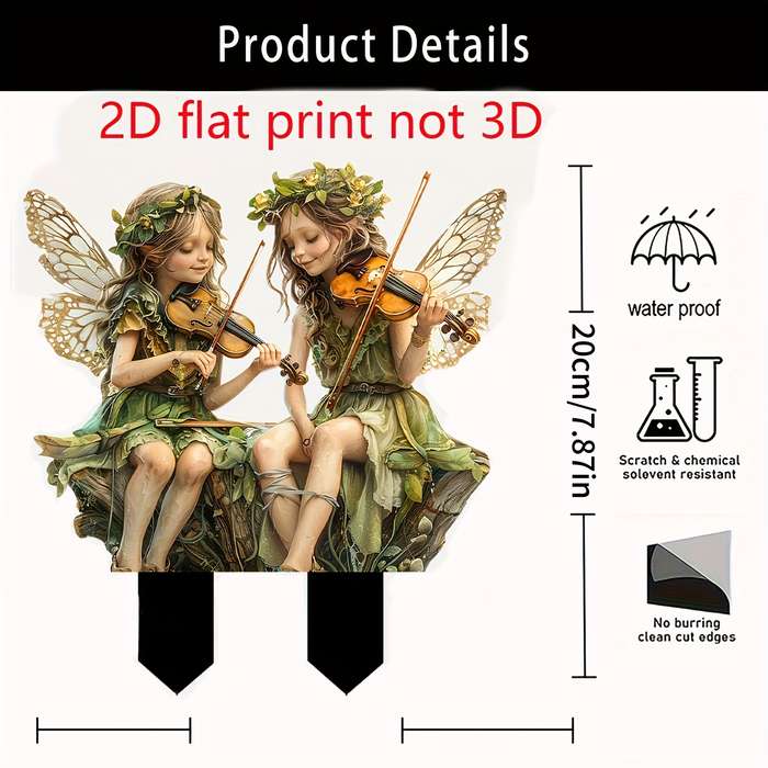 1pc 2D Flat   Acrylic Fairy Garden Stake Decorations Whimsical Elf Figurines Playing Violins W
