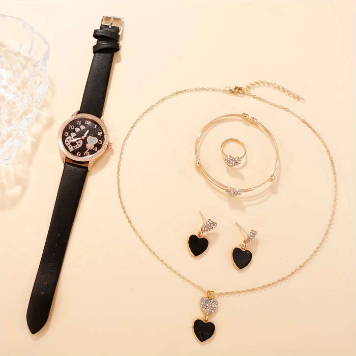 4pcs set Women's Fashion Quartz Watch Black PUPU Leather PU Leather Rhinestone Necklace Earrings Rin