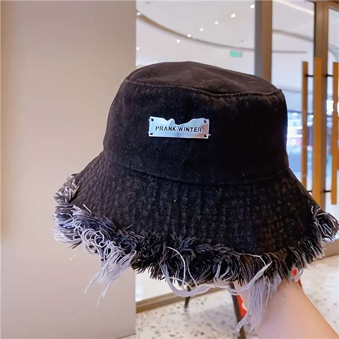 1pc Stylish Denim Bucket Hat with Letter Label Lightweight Versatile and Elastic Fisherman Hat
