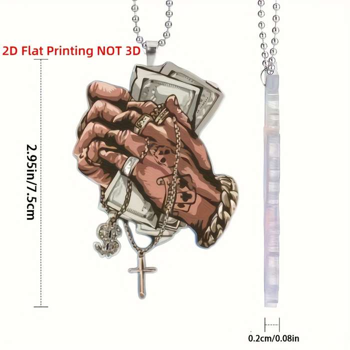 1pc 2D Flat   Acrylic Flat Prayer Hands Car Mirror Charm with Dollar Bills Cross Necklace Rosa
