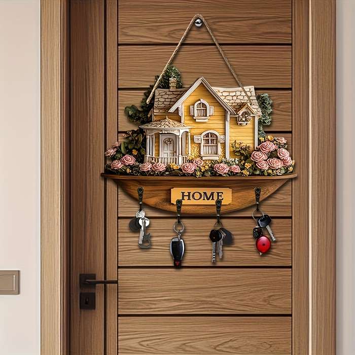 1pc charming flower and house wooden key hanger key storage with hooks four-season multifunctiona