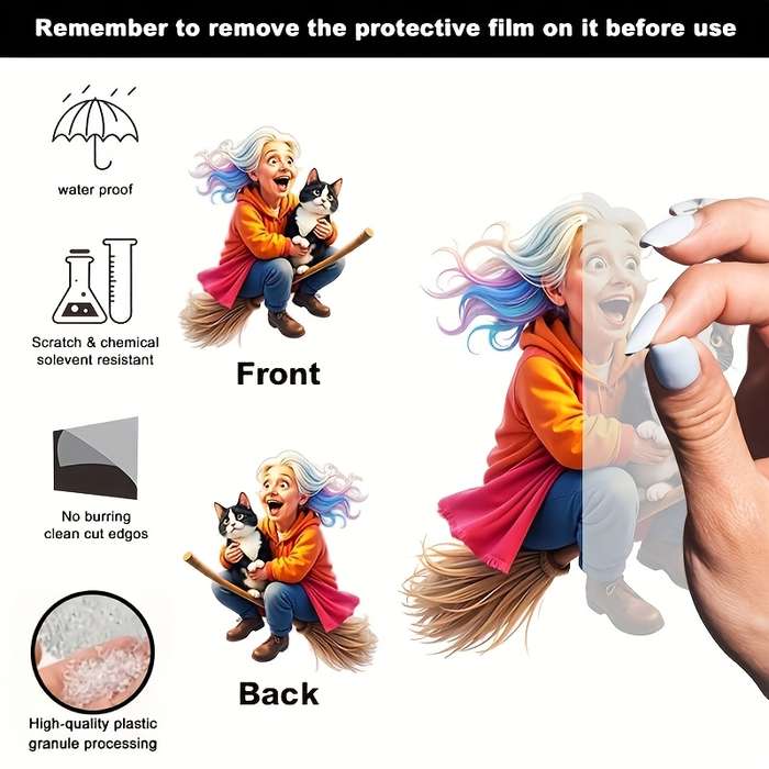1pc 2D Flat    Whimsical Acrylic Ornament- Grandma on a Broom with a Cat  Perfect for car