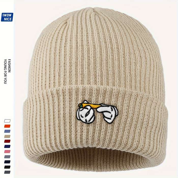 1pc Rendy Leaf Embroidered Acrylic Beanie Unisex Cartoon Cigarette Design Knit Skull Cap Lightwei