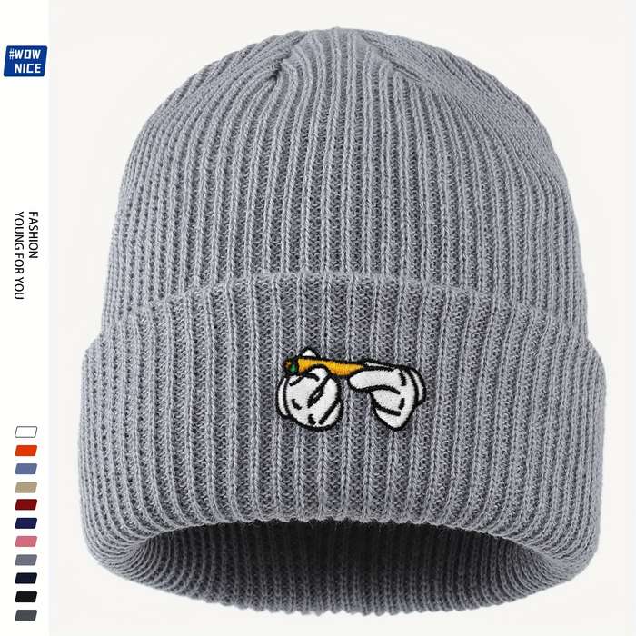 1pc Rendy Leaf Embroidered Acrylic Beanie Unisex Cartoon Cigarette Design Knit Skull Cap Lightwei