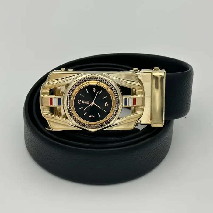 Elegant Men's Black Imitation Leather Belt With Gold Automatic Buckle