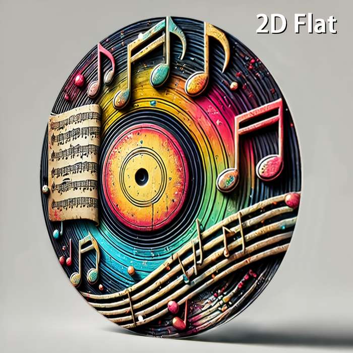 1pc 2D Flat  Vintage Metal Sign with Colorful Music Notes and Records Aluminum Round Poster wi