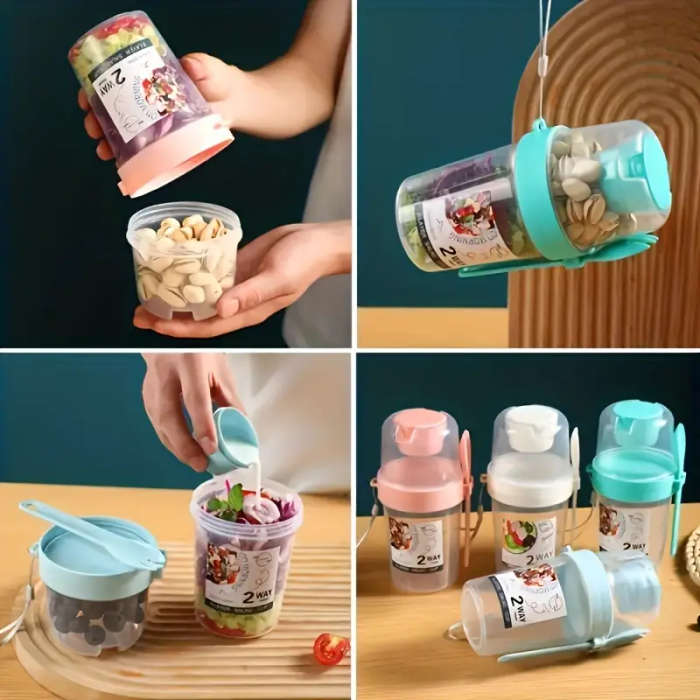 2 Way Multi-Purpose Salad Cup with Fork And Lid Portable Fruit And Yogurt Container Ideal for School
