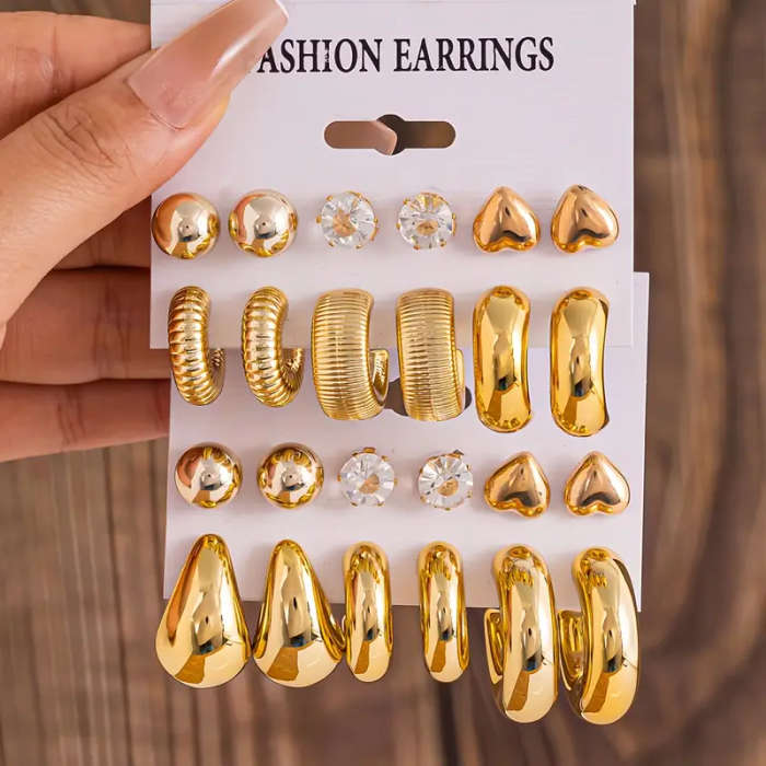 24 Piece New Artificial Crystal Heart Pearl Earrings Exaggerated C-Shaped Resin Gold-Plated