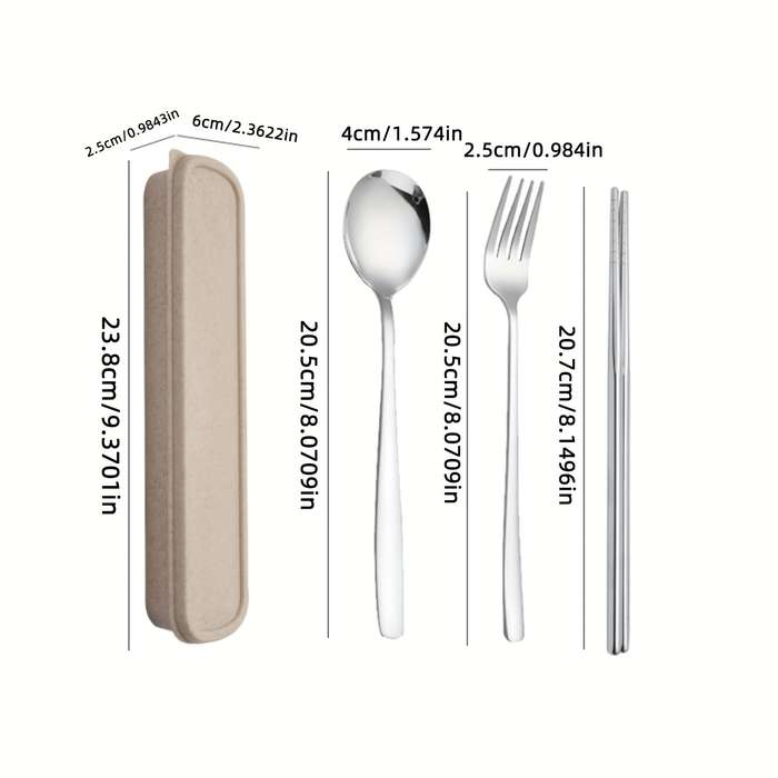 Set Of 4 Stainless Steel Portable Cutlery Including Fork Spoon And Chopsticks With A Reusab