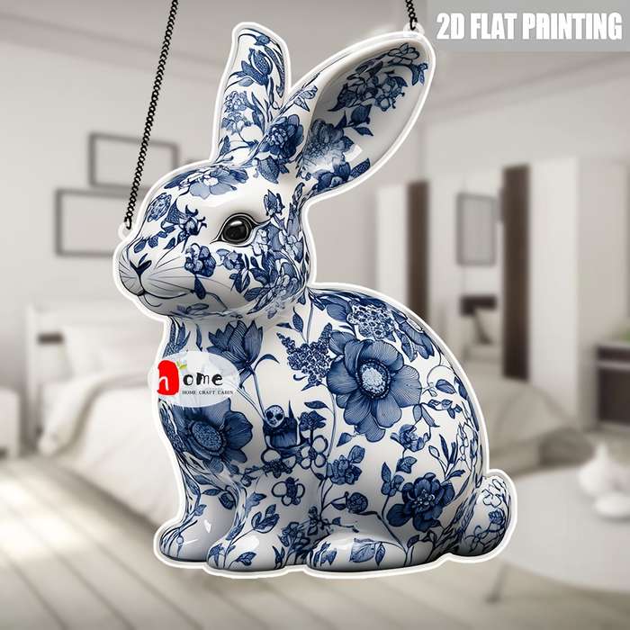 1pc 2D Flat    Blue and White Porcelain Rabbit Decorative Sign Acrylic Pendant Figuri