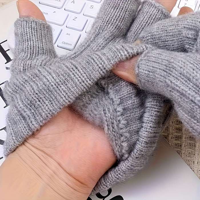 1 Pair Light Grey Warm Touchscreen Fingerless Gloves
