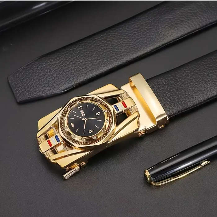 Elegant Men's Black Imitation Leather Belt With Gold Automatic Buckle