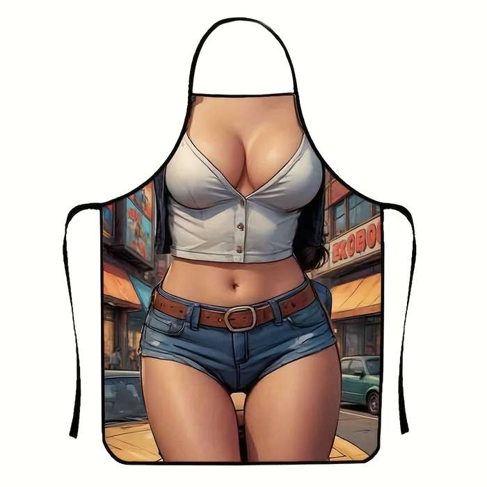 1pc White Denim Vest Print Kitchen Apron for Women Stylish Polyester Fabric with Neck Strap