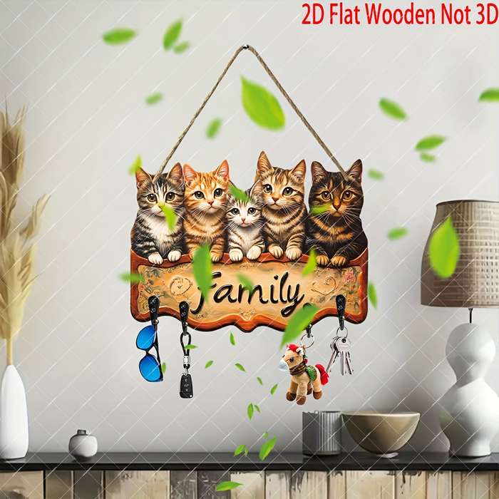 1pc Rustic Wooden "Family" Key Holder with Charming Cat IllustrationsBohemian Style Wall-Mounted