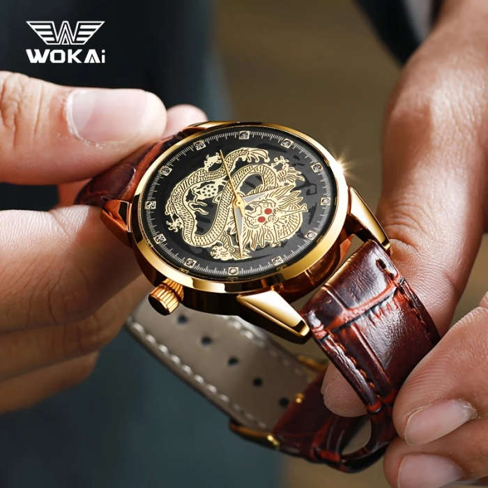 1pc Men's Dragon Zodiac Quartz Watch Classic Style with World Time Faux Leather Strap Battery Operat