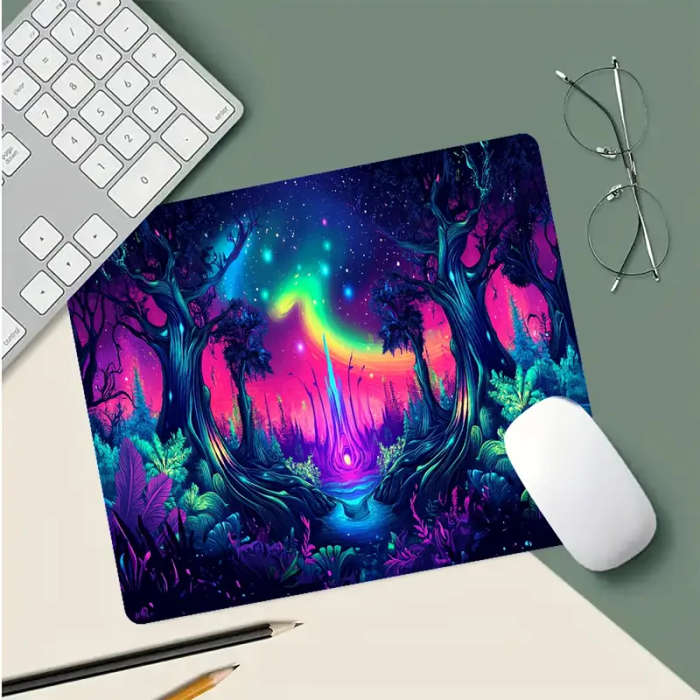 1pc 21x26cm Vibrant Neon Aurora Forest Gaming Mouse Pad Soft Rubber Base Non-Slip Desk Mat