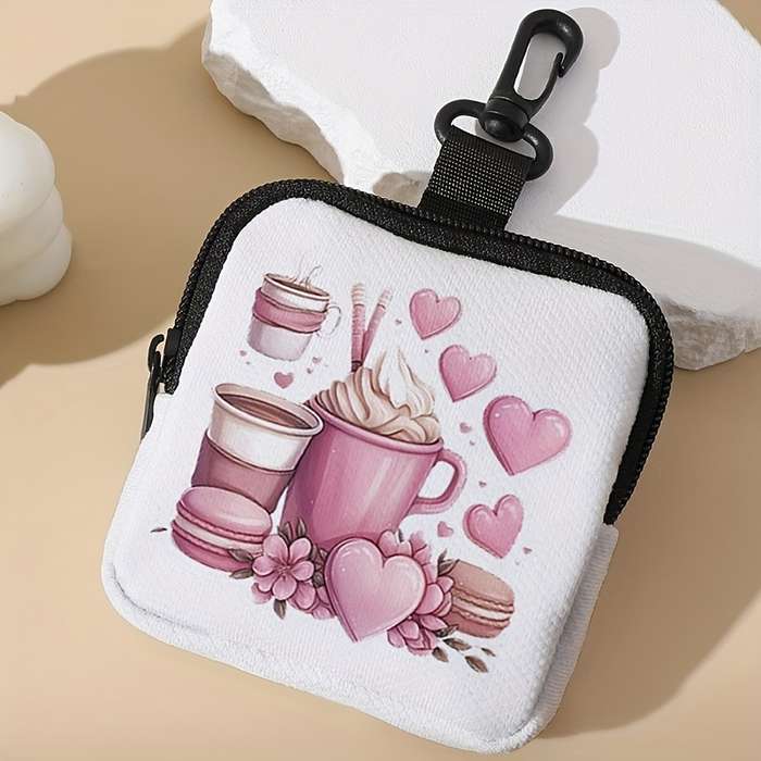 1pc Charming Pink Coffee Heart Pattern Mini Wallet Portable Organizer for Keys Cards Small I