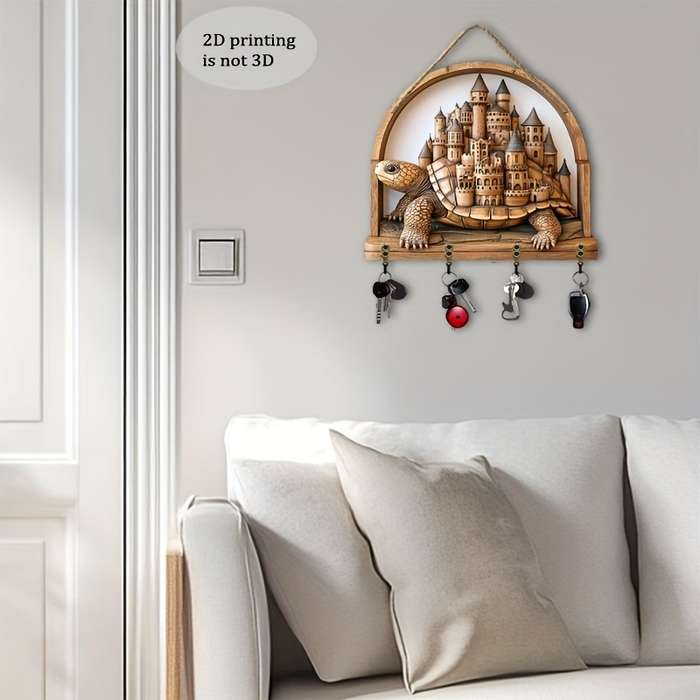 A 2D Artwork Featuring a Turtle And a Beautiful Castle a Minimalist Colorful Wooden Key Holder with