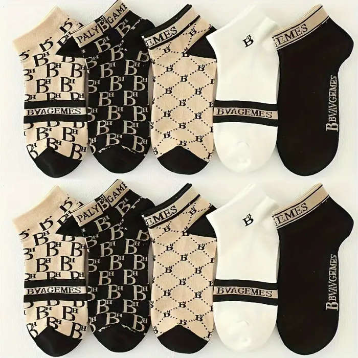 10pcs Men's Fashion Ankle Socks Trendy Versatile Stylish Low-Cut Boat Socks with Letter Pattern Brea