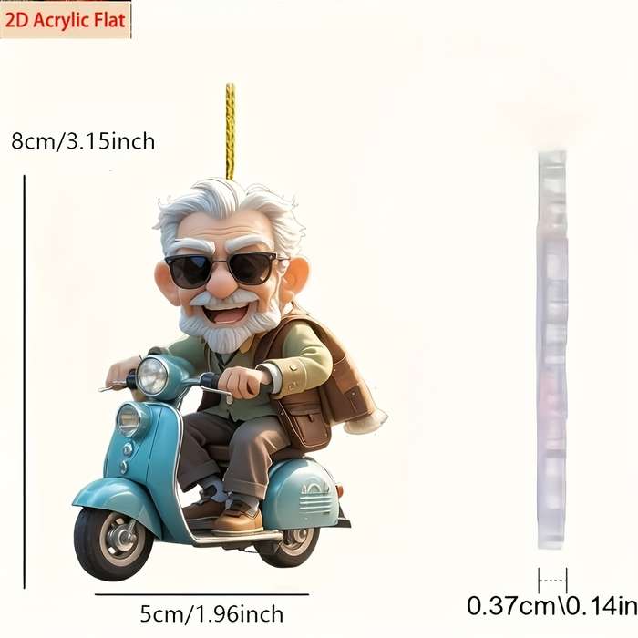 1pc 2D Flat  Acrylic Car Hanging Ornament Happy Grandpa Riding Scooter Ideal for Rearview Mirror