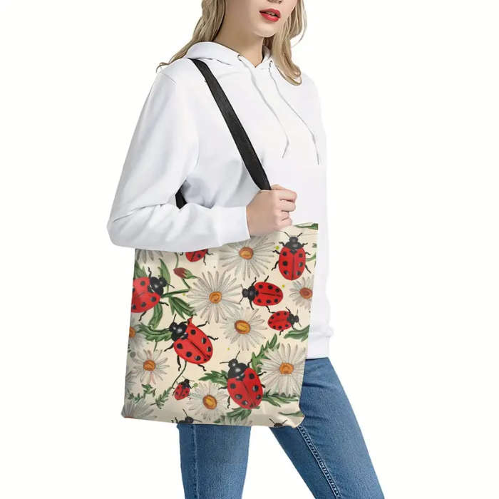 1pc Ladybugs With Daisies Pattern Canvas Tote Bag Large Women Casual Shoulder Bag Handbag Reusable M