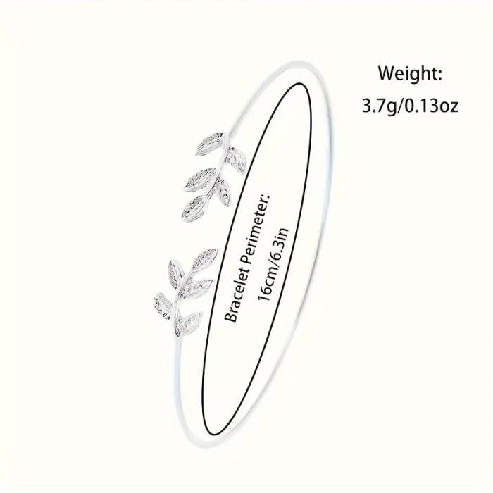 2pcs Women's Simple PU Leather White Quartz Watch + Fashion Leaf Open Bracelet Set Valentine's Day E
