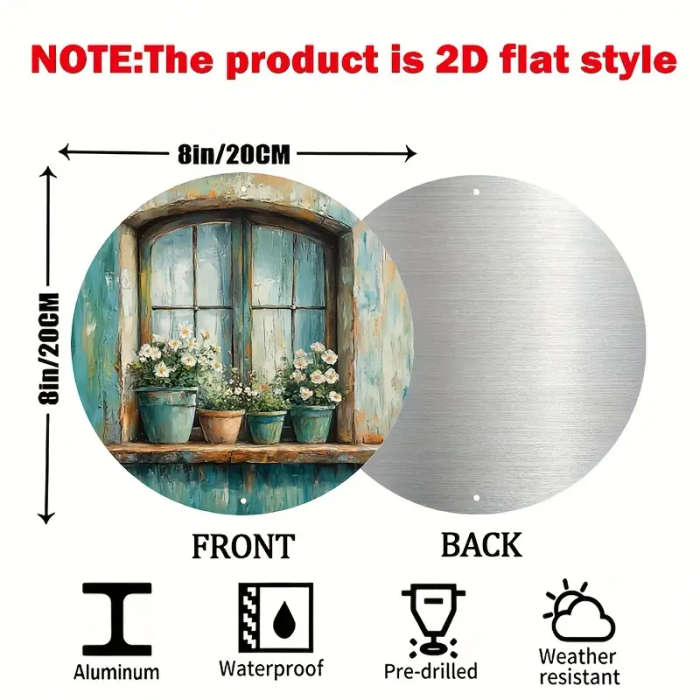1pc 2D Tin Sign Window With Flowers In Pots Retro Aluminum Circular Metal Sign Metal Wreath Sign Ret