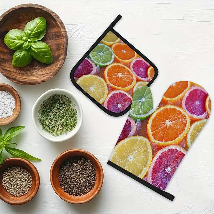 2pcs Citrus Fruit Slices Pattern Oven Mitts and Pot Holders Set Heat Resistant Microwave Glov