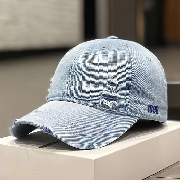 1pc Unisex Denim Baseball Cap 1999 Distressed Embroidery Lightweight Adjustable Button Closure