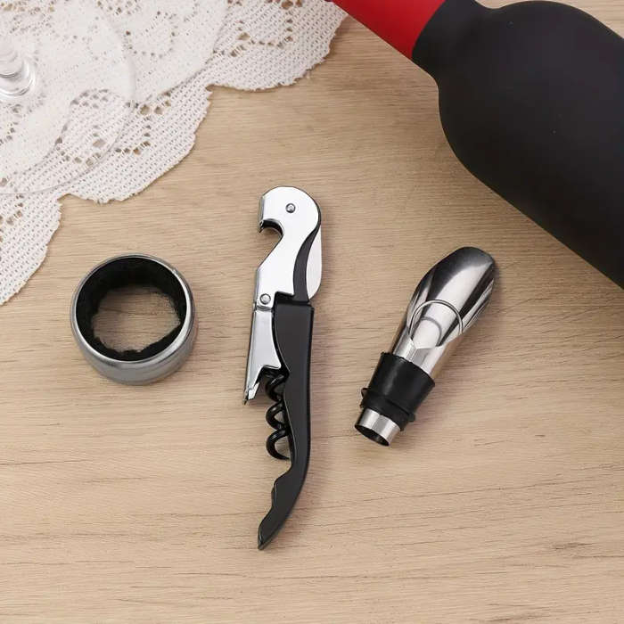3pcs Stainless Steel Wine Opener Set with Decorative Box Includes Corkscrew Pourer Foil Cutter Perfe